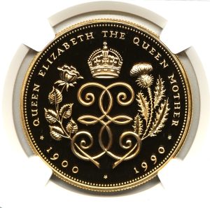 イギリス 1990年 5ポンド 金貨 クイーンマザー90歳誕生記念 バラとアザミ NGC PF70UC 最高鑑定 元箱COA付